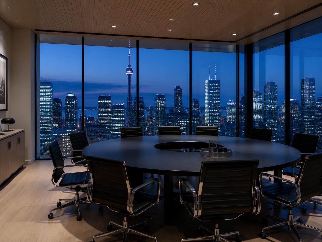 Toronto financial district boardroom at blue hour with the CN Tower in view