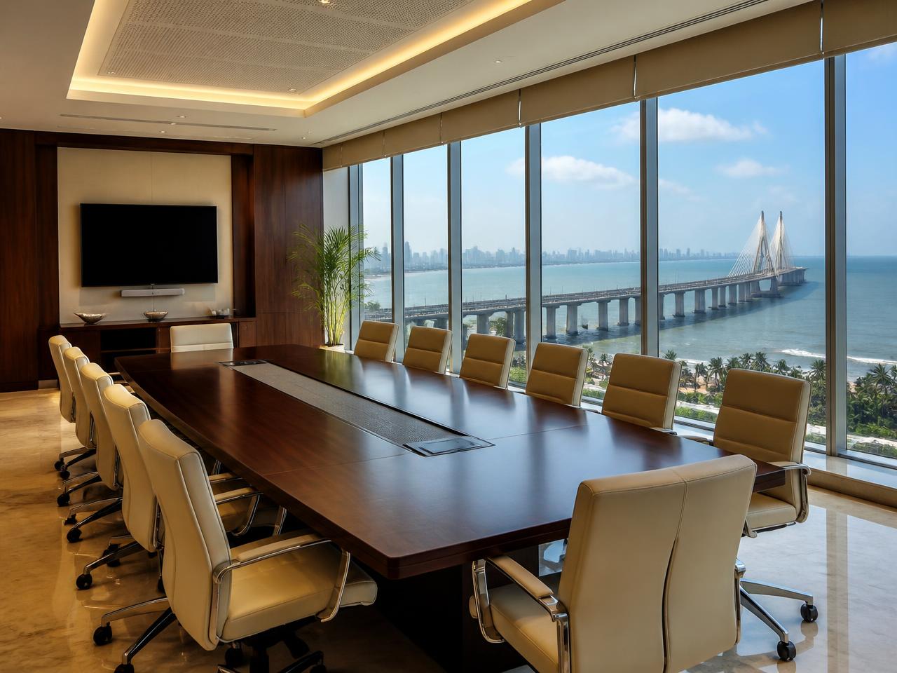 Mumbai boardroom in daylight overlooking the Bandra-Worli Sea Link and Arabian Sea