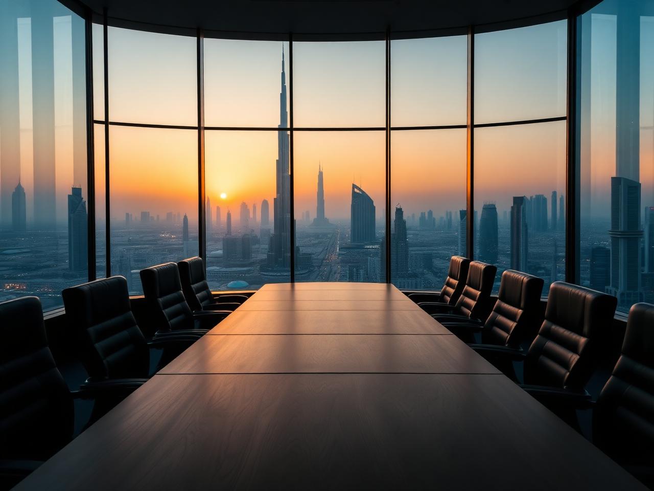 Executive boardroom overlooking the Dubai skyline at golden hour