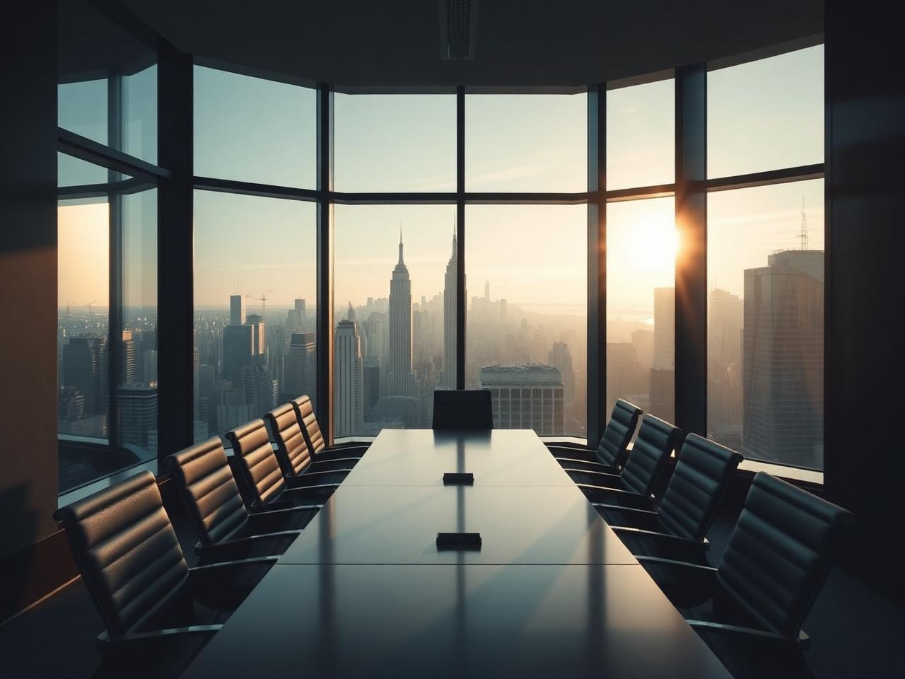 Manhattan corner boardroom with the Midtown skyline in morning light